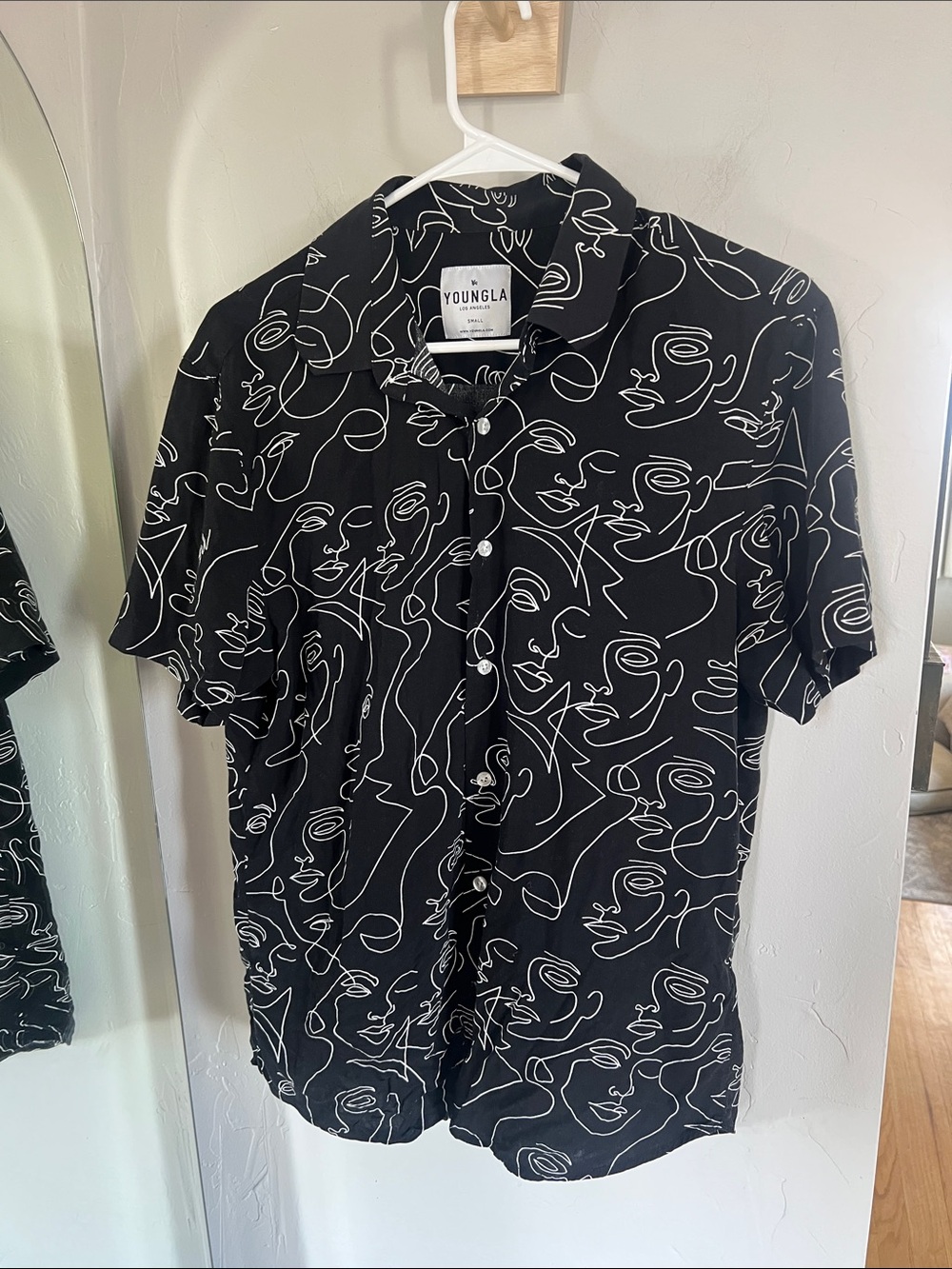 YoungLA Black Short-Sleeve Button-Up Shirt with White Abstract Line Faces